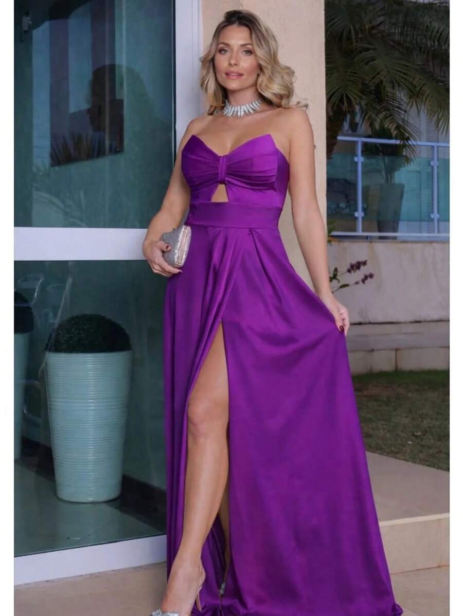 Women's Long Butterfly Dress, Strapless, Trilobal Fabric With Built-In Bra Cups | Party, Bridesmaid, Wedding, Graduation, Debutante | Adjustable Back | Sexy And Elegant | Party | Cutout/Cut | Asymmetrical Knot | Formal And Evening - 紫色 - 查看 1