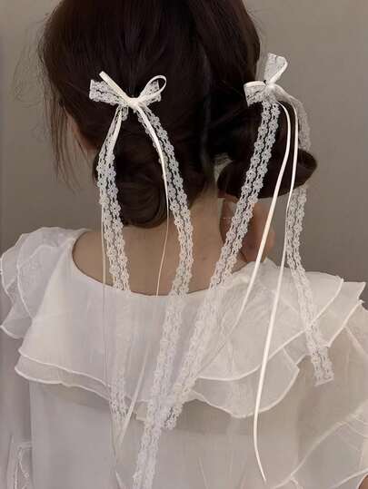 2pcs White Lace Bow Barrettes, Sweet Ribbon Tassel Bowknot Hair Clips, Hollow Out Hair Accessories For Women & Girls