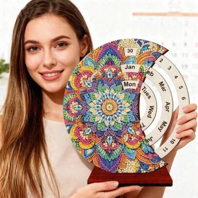 LaoJieYuan Lịch Giáng Sinh mới 2026, Lịch vĩnh cửu tranh đính kim cương, Lịch để bàn bằng gỗ đính kim cương, Quà Giáng Sinh thêu 5D tự làm, Tranh đính kim cương tự làm trang trí nhà cửa, Trang trí Giáng Sinh bằng tranh đính kim cương