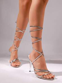 1 Pair Silver PU Leather Criss-Cross Strap 10CM High Heel Sexy Roman Sandals, Beach/Nightclub Style, Summer Party - Silver - View 2