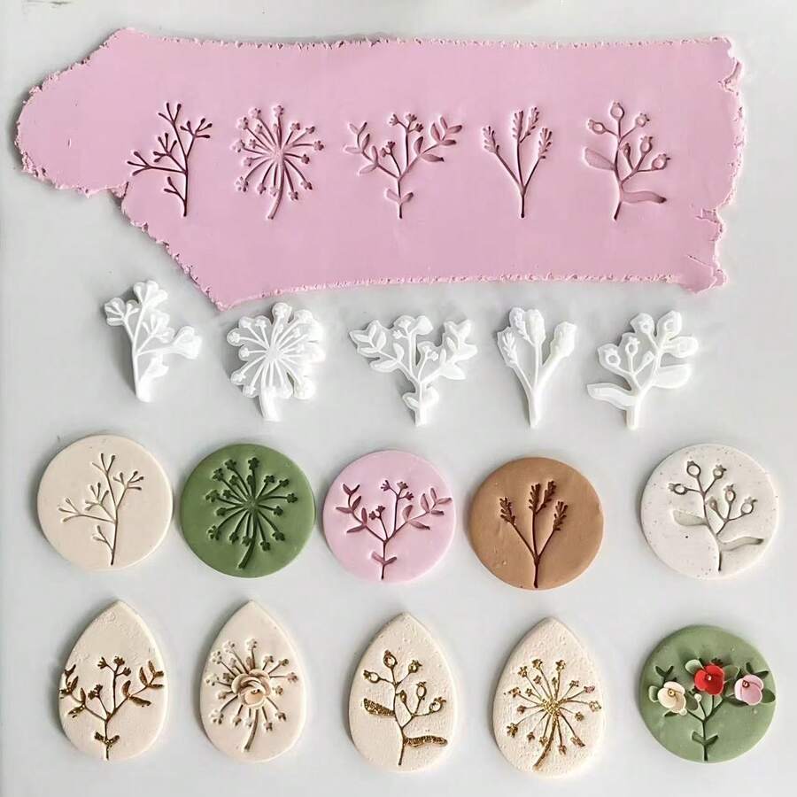 5pcs Flower & Leaf Polymer Clay Stamp Molds, Flower Polymer Clay Cutters And Soft Clay Cutters, Suitable For DIY Jewelry Making And Clay Crafts - White - View 1