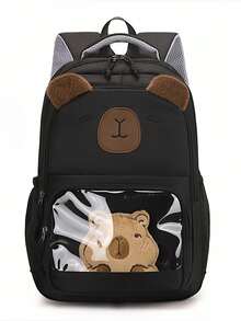 1pc 3D Capybara Embroidery + Transparent PVC Window Nylon Waterproof Large Capacity Multi-Compartment Zipper Closure Cute & Playful Backpack, Suitable For Students And Daily Commute - Multicolor - View 13