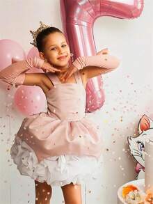 Young Girl Colorblock Bow Mesh Party Dress, Suitable For Birthday, Wedding, Flower Girl, Prom, Holiday Celebration - Pink - View 6