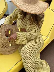 Yellow Hollow Out Boat Neck Knit Long Sleeve Cropped Shrug Top, Elegant Casual Beach Outfit Tie Waist Long Maxi Knit Skirt, Fashionable Comfortable Loose Vacation Set - 黃色 - 查看 7