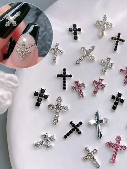 20Pcs/Bag Mixed Crystal Cross Nail Charms Y2K Silver Nail Art Charms Cross Nail Decorations For Nail Art Gems Diamond Nail Decor Metal Alloy Crystal Rhinestones Nail Studs For Women Girl DIY Jewelry
