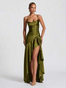 Women's Solid Color Spaghetti Strap Sexy Tie-Up Ruffle Hem Slit Dress - Rỉ Nâu - Xem 1