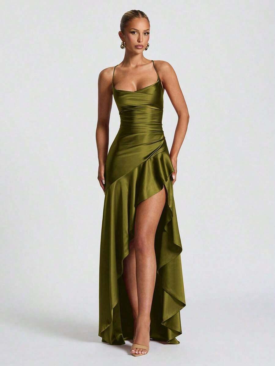 Women's Solid Color Spaghetti Strap Sexy Tie-Up Ruffle Hem Slit Dress - Rỉ Nâu - Xem 1