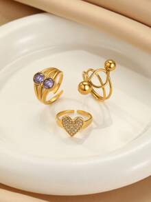 3件套不锈钢金色女士时尚优雅水钻圆珠戒指套装，适合日常佩戴或作为礼物 - 金黃色 - 查看 3