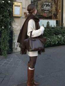 Plain Winter Thick Pashmina Scarf 225g With Fringe Unisex - 咖啡棕 - 查看 6