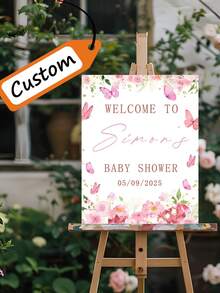 1pc Customized Welcome Sign, Pink Butterfly & Floral Decor, Personalized Birthday Party Decoration Board Prop - Multicolor - View 2