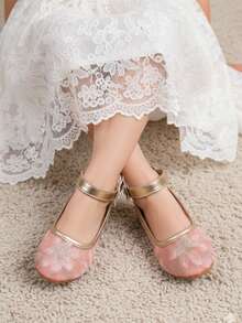 1双可爱粉色镂空刺绣蝴蝶结装饰网纱玛丽珍芭蕾舞鞋，闪亮珍珠水钻蝴蝶装饰，优雅芭蕾舞风格平底软底，仙气十足，优质金色PU舒适材质，3D刺绣网纱时尚百搭，弹性柔软平底方便行走，适合3-15岁女孩、小学和初中学生，适合所有季节、派对、旅行和郊游。 - 粉色 - 查看 9