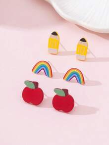 3 Pairs/Set Teacher's Day Pencil, Rainbow, Apple Enamel Faux Soft Clay Design Earrings Set, Gift For Teachers And Students - Multicolor - View 3