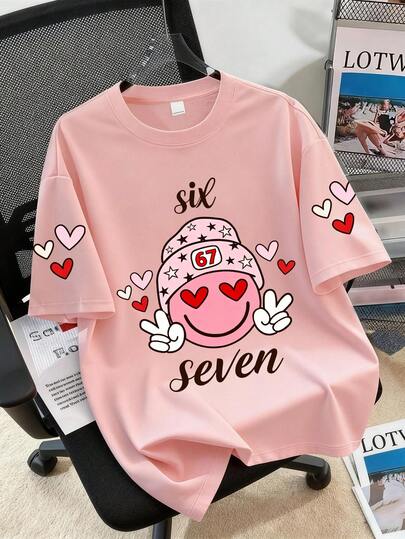 1 pieza Camiseta con estampado de estrella y corazón linda y personalizada para adolescentes, de tela suave y cómoda, para uso casual al aire libre