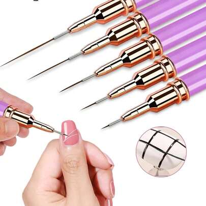 Set de 5 piezas de pinceles profesionales para detalles de uñas, pinceles de arte de uñas de ultra precisión - 7/9/11/15/25mm (Púrpura), aptos para uso DIY y salón de uñas. Suministros para técnicos de uñas, pinceles de uñas, set de pinceles de uñas, pincel de línea de uñas, herramientas de técnico de uñas, alfombrilla para pinceles de uñas, pincel de manicura francesa.