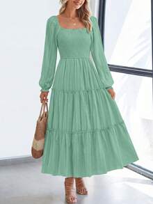 PRETTYGARDEN Women Elegant  Maxi Dresses For Fall Boho Long Sleeve Smocked A Line Ruffle  Wedding Guest Holiday Party Long Dress With Pockets New Years Valentine Vacation Spring Dresses For Women Vestidos Elegantes De Mujer - 灰綠色 - 查看 1