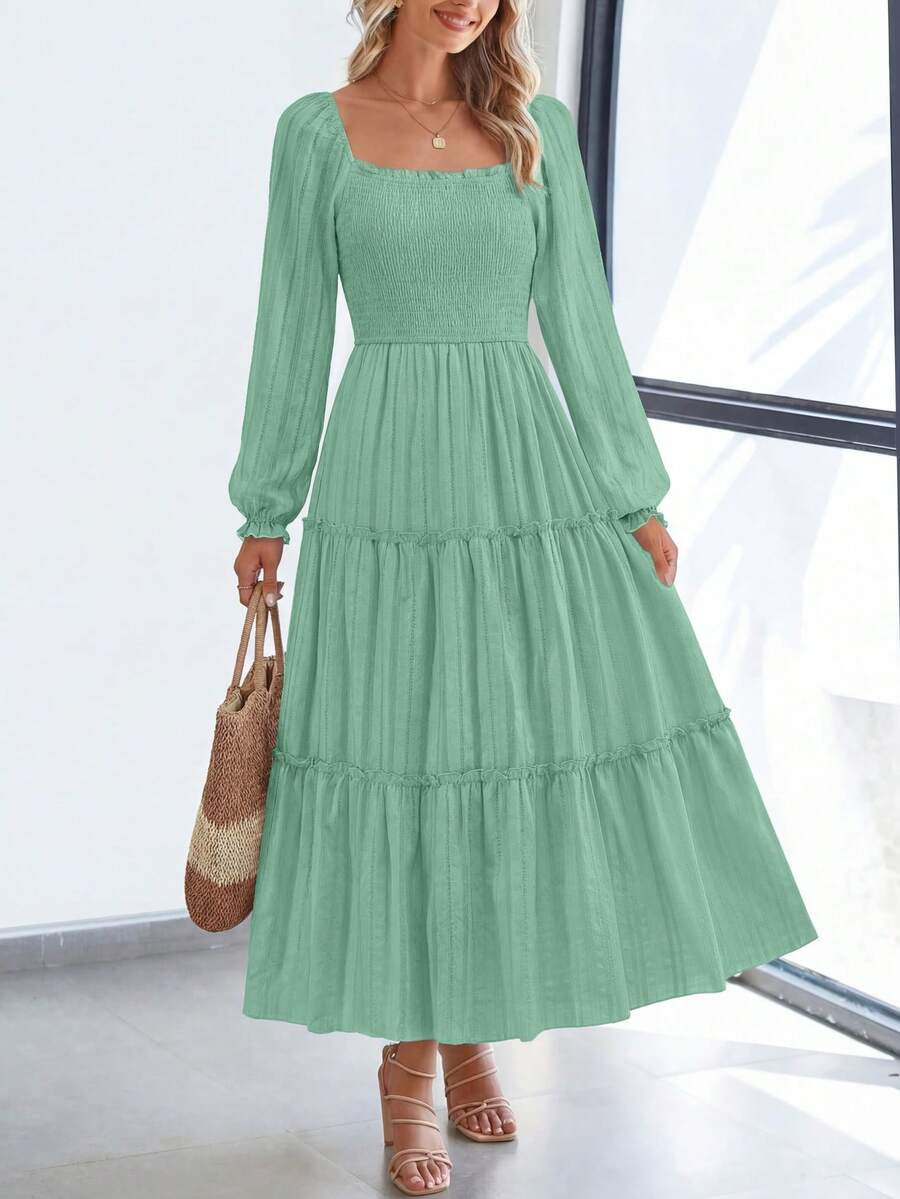 PRETTYGARDEN Women Elegant Maxi Dresses For Fall Boho Long Sleeve Smocked A Line Ruffle Wedding Guest Holiday Party Long Dress With Pockets New Years Valentine Vacation Spring Dresses For Women Vestidos Elegantes De Mujer - 灰綠色 - 查看 1