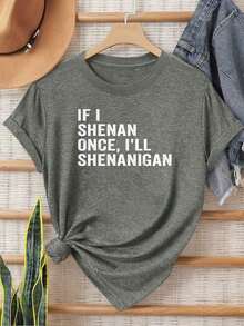 St Patricks Day Women2026Ladies' Casual Summer T-Shirt |   Women'S Knotted Hem Design With Graphic Print 'If I Shenan Once, I'll Shenanigan', Round Neck, Comfortable Fit For Everyday Wear And Sports, Fashion Street Style Tee,Graphic Round Neck Women's Tee - Valentine's Day Gift & Outfit, Soft Breathable |   Daily Casualtops For Women - 綠色 - 查看 5