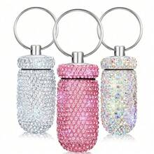 Estuche brillante para pastillas, contenedor de viaje portátil para pastillas con diamante de imitación, pequeño soporte para pastillas con llavero, caja de almacenamiento de pastillas mini y linda - Unitalla - Ver 2