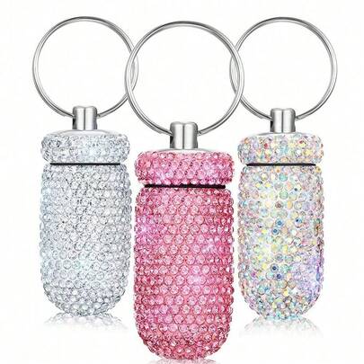 Bling Pill Case Pill Container Rhinestone Pill Box Portable Pocket Pill Holder Storage Bottle With Keychain For Travel, Outdoor, Camping