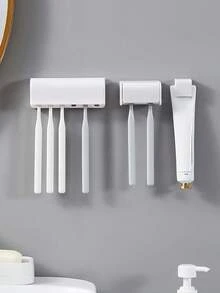 Soporte para cepillo de dientes montado en la pared con tapa, estante de almacenamiento para cepillo de dientes eléctrico, organizador de pasta de dientes, soporte para cepillo de dientes y dispensador de pasta de dientes montado en la pared sin taladro de múltiples funciones, almacenamiento y organización para el baño, artículos esenciales para el baño, decoración del baño del hogar - Multicolor - Ver 3