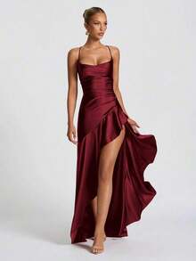 Women's Solid Color Spaghetti Strap Sexy Tie-Up Ruffle Hem Slit Dress - 酒紅色 - 查看 3