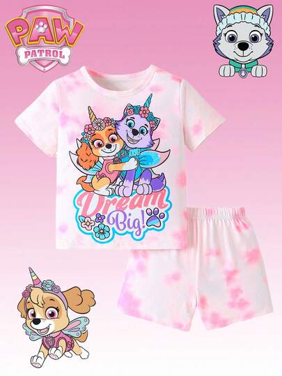 Paw Patrol Set de 2 piezas Pijama y ropa de estar en casa para niñas con Patrulla Canina, camiseta de manga corta con cuello redondo y estampado de perros de dibujos animados en degradado, y pantalones cortos, adecuado para uso diario, en casa, vacaciones, regalo