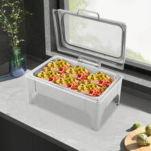 gladney 9L Rectangular Stainless Steel Chafing Dish With Glass Lid Hydraulic Hinge Removable Food Pan Fuel Holder Countertop Buffet Warmer For Hot Or Cold Service - Silver - View 9