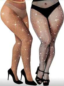 2pcs Sexy Rhinestone Fishnet Stockings, Thin Sheer Glitter Mesh Tights - Multicolor - View 5