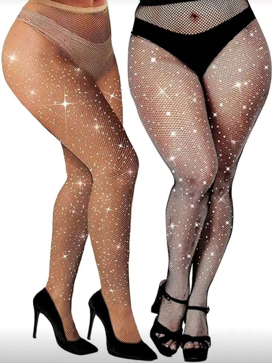 2pcs Sexy Rhinestone Fishnet Stockings, Thin Sheer Glitter Mesh Tights - Multicolor - View 1