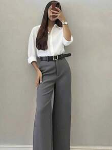 Women's Minimalist Design Flared Leg Casual Trousers, Suitable For Commuting, Office, Daily Wear, All Seasons - Xám - Xem 6