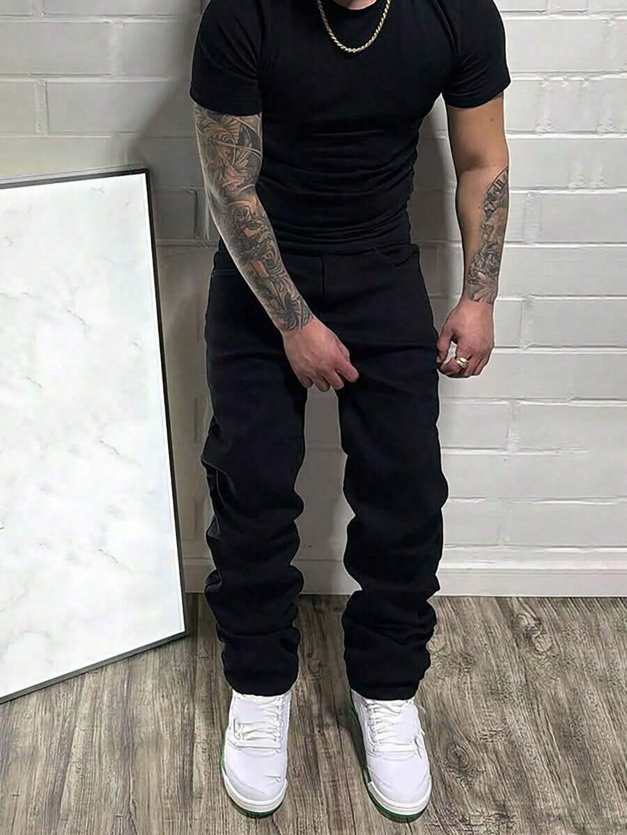 Stretch Denim Jeans, Men's Straight Fit Daily Slim Fit Jeans, Cotton Fabric Slant Pockets, Versatile - Black - View 1