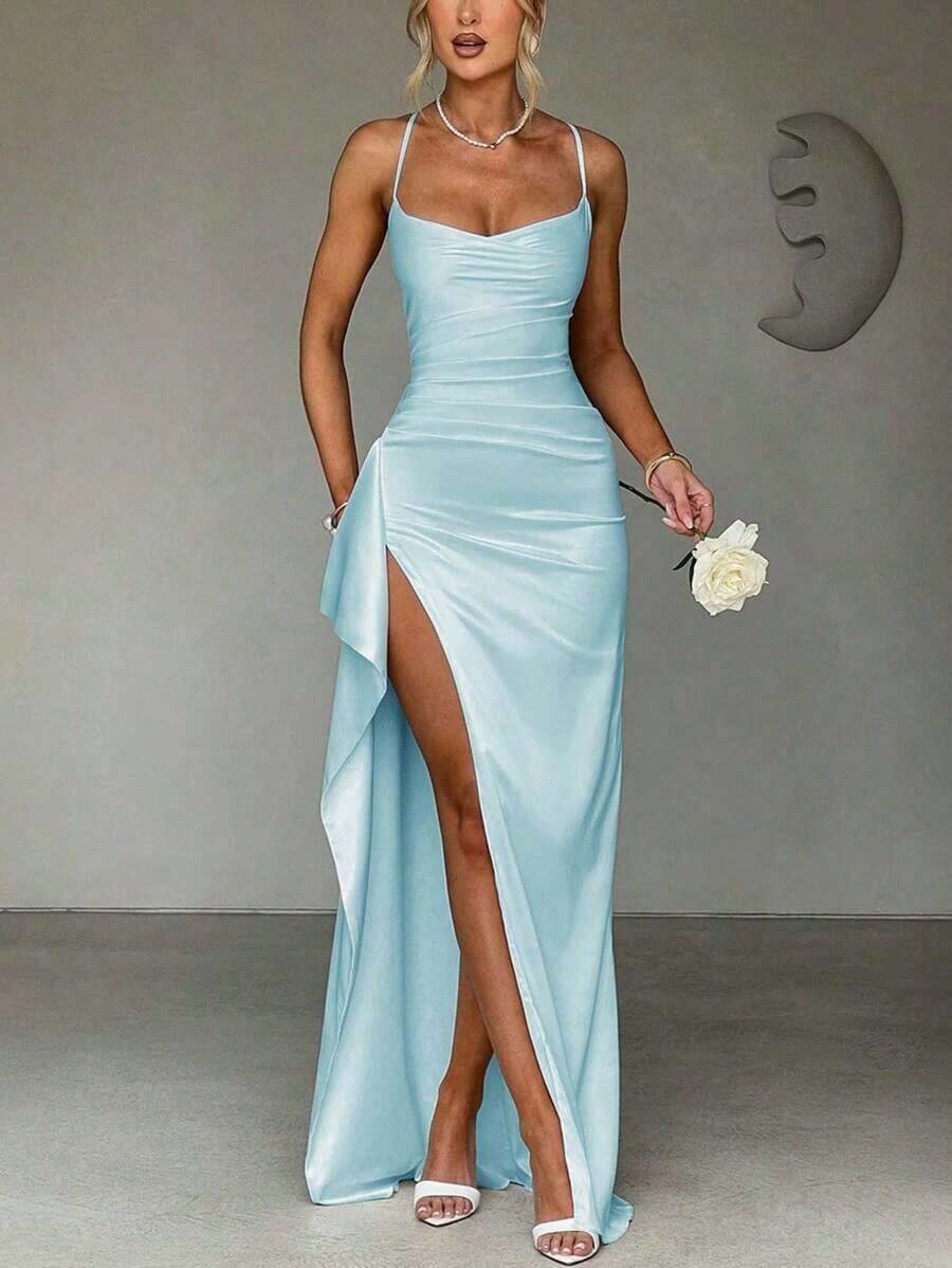 Sy-Elegant Sexy Satin Strapless Off Shoulder Frill Trim Waist Party Dress, Bridesmaid Dress, Formal Gown. - Màu xanh nhạt - Xem 1