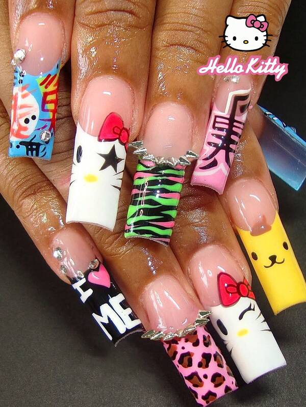 SANRIO 24pcs Long Square Cute 3d Leopard Print French Press On Nails With And Decoration,Rhinestone Design,Perfect Fit Acrylic False Nails Set, Including 1 Jelly Gule And 1 Nail File, Nails For Girls Daily Life, Party And Gathering Use.