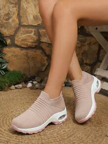 女士粉色休闲透气舒适套脚运动鞋，针织袜鞋，适合跳舞 - 粉色 - 查看 1