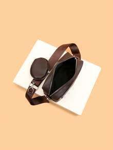 2pcs/Set Embroidered Strap Men's Sling Bag & Mini Keychain Pouch, - Coffee - View 2