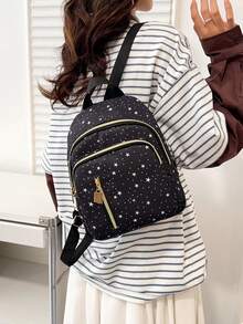 1 pieza Mochila compacta casual de nailon negro, versátil y de moda, adecuada para uso diario de mujeres, citas, salidas y viajes - Negro - Ver 8