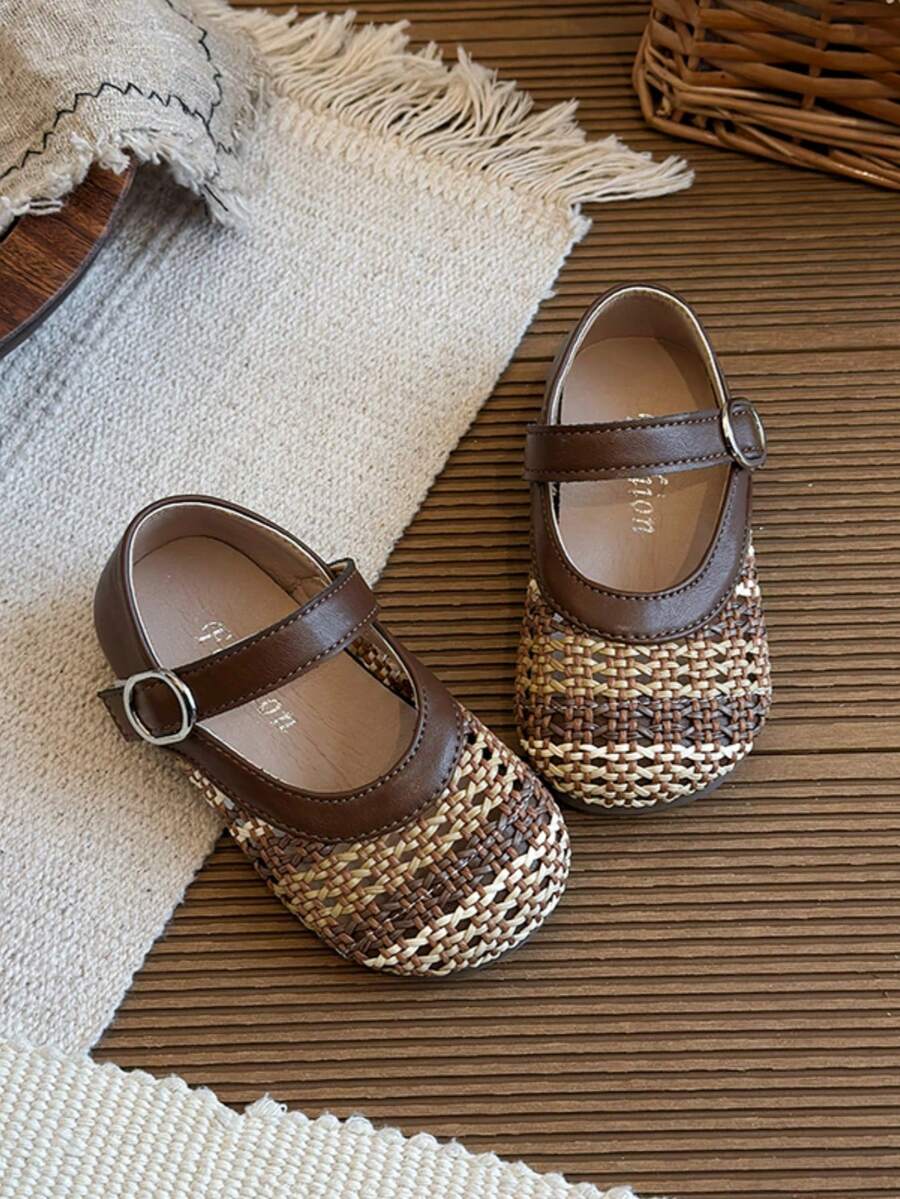 Girls' Princess Shoes, Toddler Girls' Versatile Fashion Moccasin Leather Shoes, Spring/Summer Girls' Hook And Loop Woven Sandals - Brown - View 1