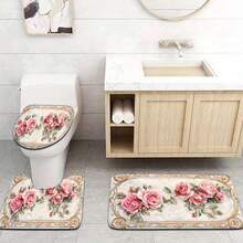 3pcs Mother'S Day Pink Rose Pattern Bathroom Mat Set With Toilet Seat Cover And U-Shaped Foot Mat - Nhiều màu - Xem 6