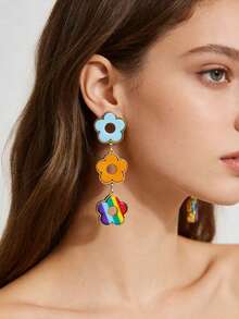 Elegant Tricolor Floral Long Earrings, Versatile - Multicolor - View 2