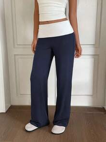 Sunny Girly Summer Y2K Back To School Casual Home Waistline White Pleated Patchwork Straight Pants - 藏蓝色 - 查看 3