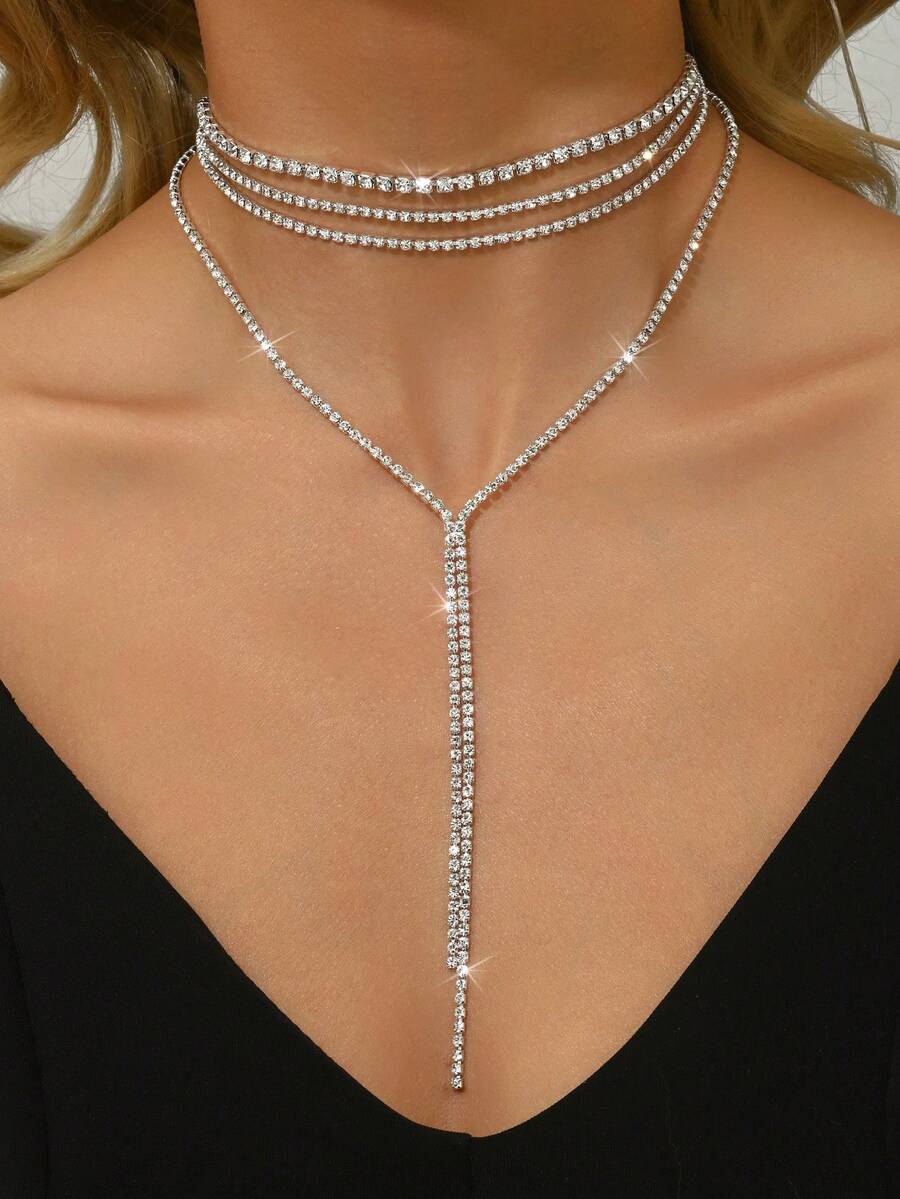 1件银色/金色多层流苏项链，水钻吊坠项链，适合女性，适合婚礼、派对、情人节送给女友或闺蜜的礼物，也适合送给母亲，母亲节礼物