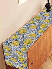 1pc Spring/Summer Lemon Table Runner, Printed With Spring/Summer Fruits Strawberry, Blue & White Porcelain Geometric Rustic Style Kitchen Home Dining Table Decor - Yellow - View 3