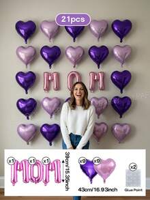 Bộ 9/21 bóng bay trang trí Ngày của Mẹ, bóng bay chữ "MOM" màu vàng/vàng hồng/đỏ tía/kem kích thước 16 inch, bóng bay hình trái tim màu hồng nhạt/bạc/kem/tím nhạt/tím đậm/hồng kích thước 18 inch, thích hợp trang trí sinh nhật vợ, sinh nhật mẹ. - Xem 17