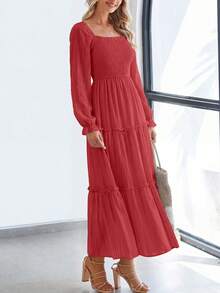 PRETTYGARDEN Women Elegant  Maxi Dresses For Fall Boho Long Sleeve Smocked A Line Ruffle  Wedding Guest Holiday Party Long Dress With Pockets New Years Valentine Vacation Spring Dresses For Women Vestidos Elegantes De Mujer - 紅色 - 查看 2
