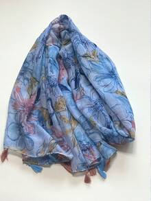 1条女士简约印花围巾，时尚围巾，新款防晒沙滩披肩，亚麻质感女士披肩 - 藍色 - 查看 3