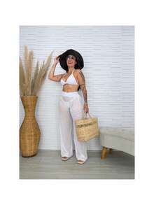 Calça De Tulle Com Cos Moda Praia Verão Saída de Praia Piscina Ano novo Natal Moda Feminina  Gringa - Branco - Visão 4
