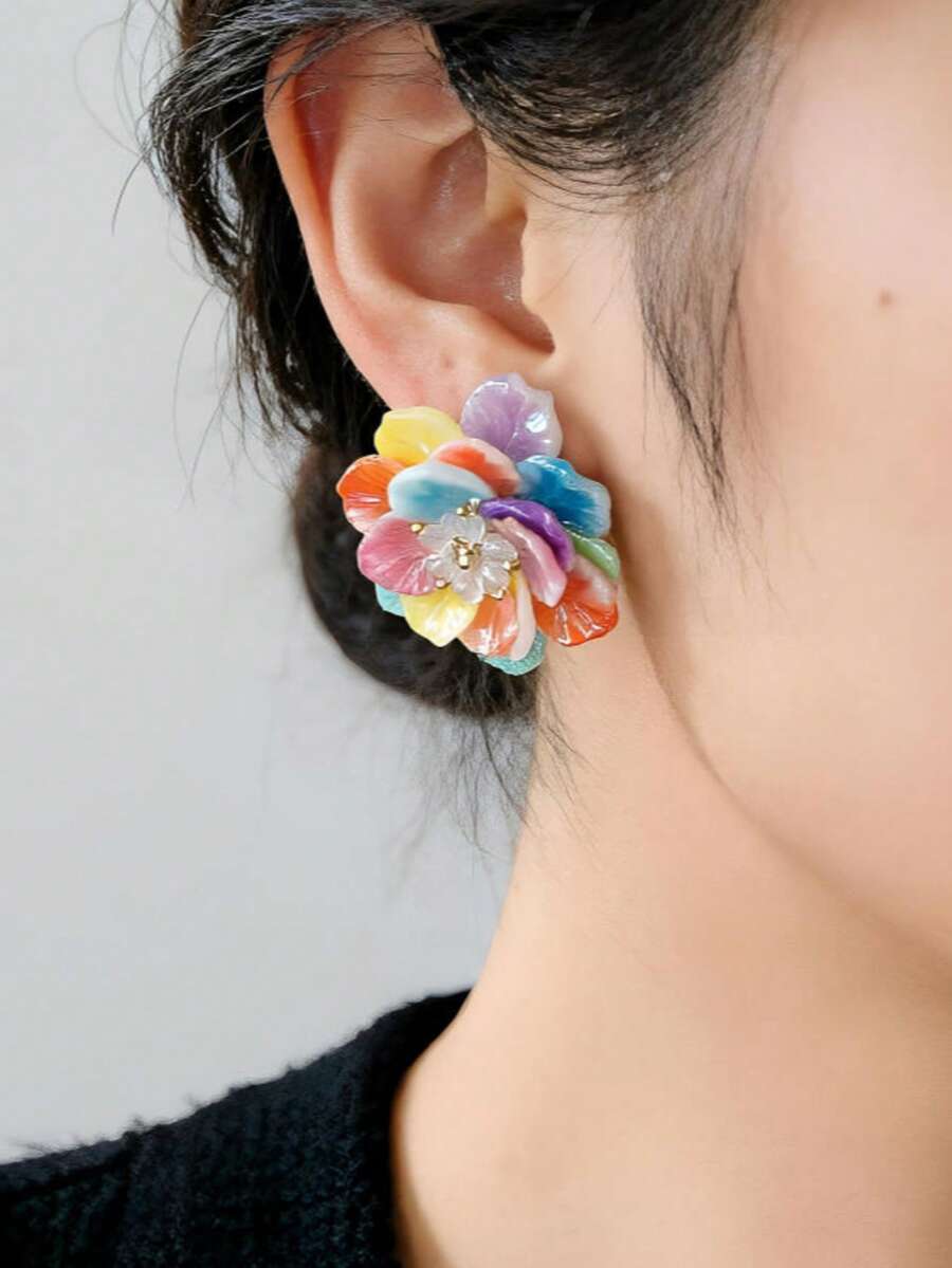 1 Pair Colorful Dopamine Vintage French Pastoral Macaron Flower Earrings (Random Color Combination) - Multicolor - View 1