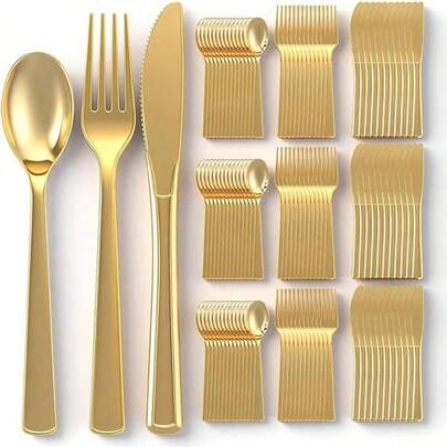 50/25/12/7 piezas Juego de cubiertos dorados; Juego de cubiertos reutilizables que incluye tenedores, cucharas, tenedores para tarta, cucharas de postre, tenedores de ensalada, tenedores y cucharas para pasta, adecuado para cumpleaños, bodas, fiestas, reuniones familiares, actividades de equipo, barbacoas al aire libre, campamentos, banquetes, útiles escolares, ceremonias de graduación, fiestas festivas y talla grande