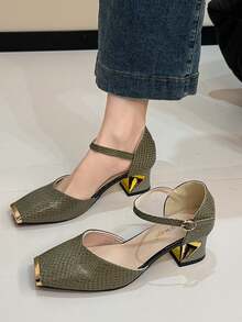 2026 New Shiny Metal Buckle Thick Heel Non-Slip Mid-Heel Mary Jane Shoes, French Square Toe Black Versatile Strap Low Vamp Professional Elegant High Heels For Women - Green - View 1