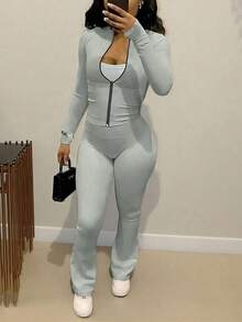Autumn/Winter European And American Style Women's Fashion Zip-Up Cardigan, Fitted Top And Loose Wide-Leg Pants Set - Light Grey - View 2